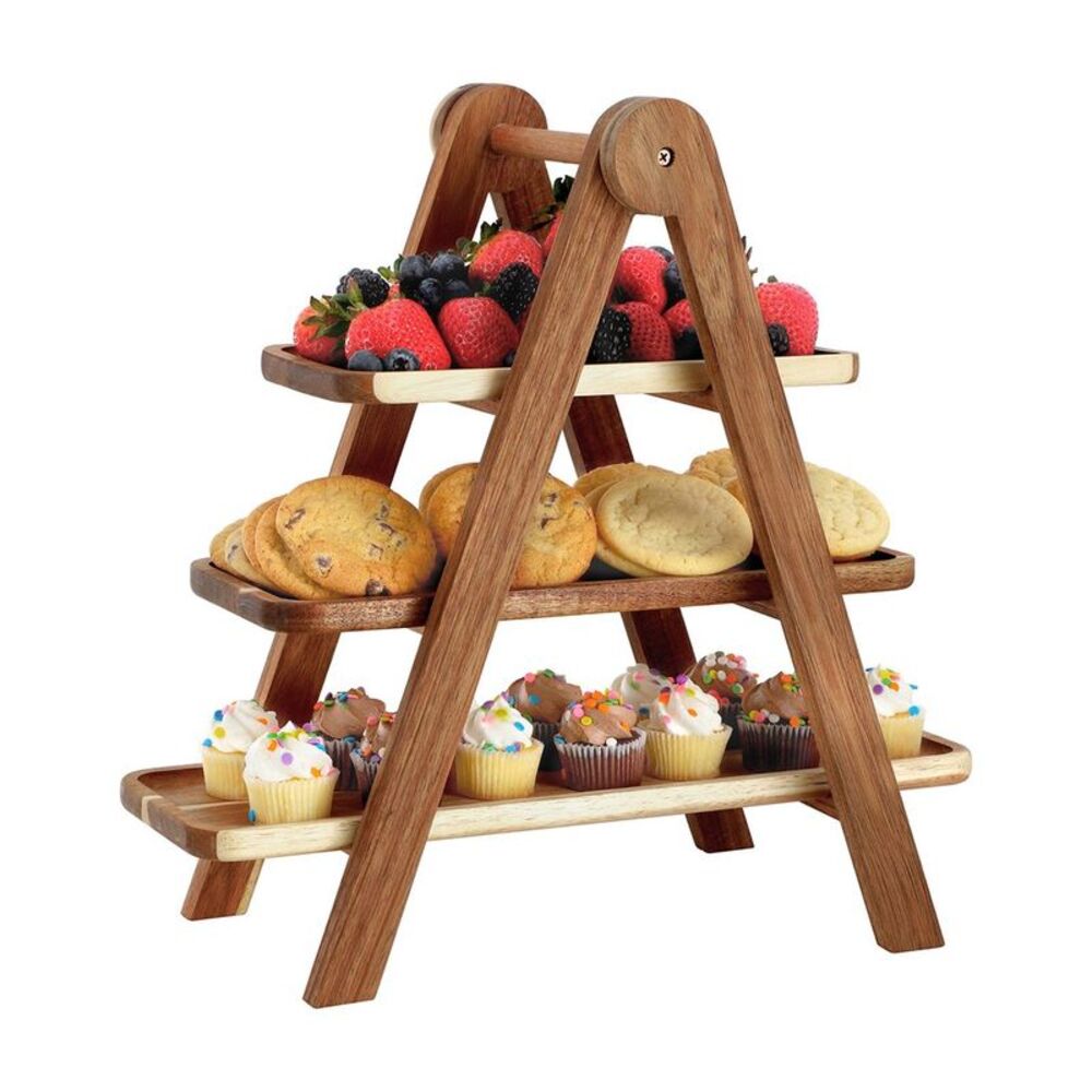 Megachef Acacia Wood 3 Tiered Rectangular Ladder Tray Set, Brown